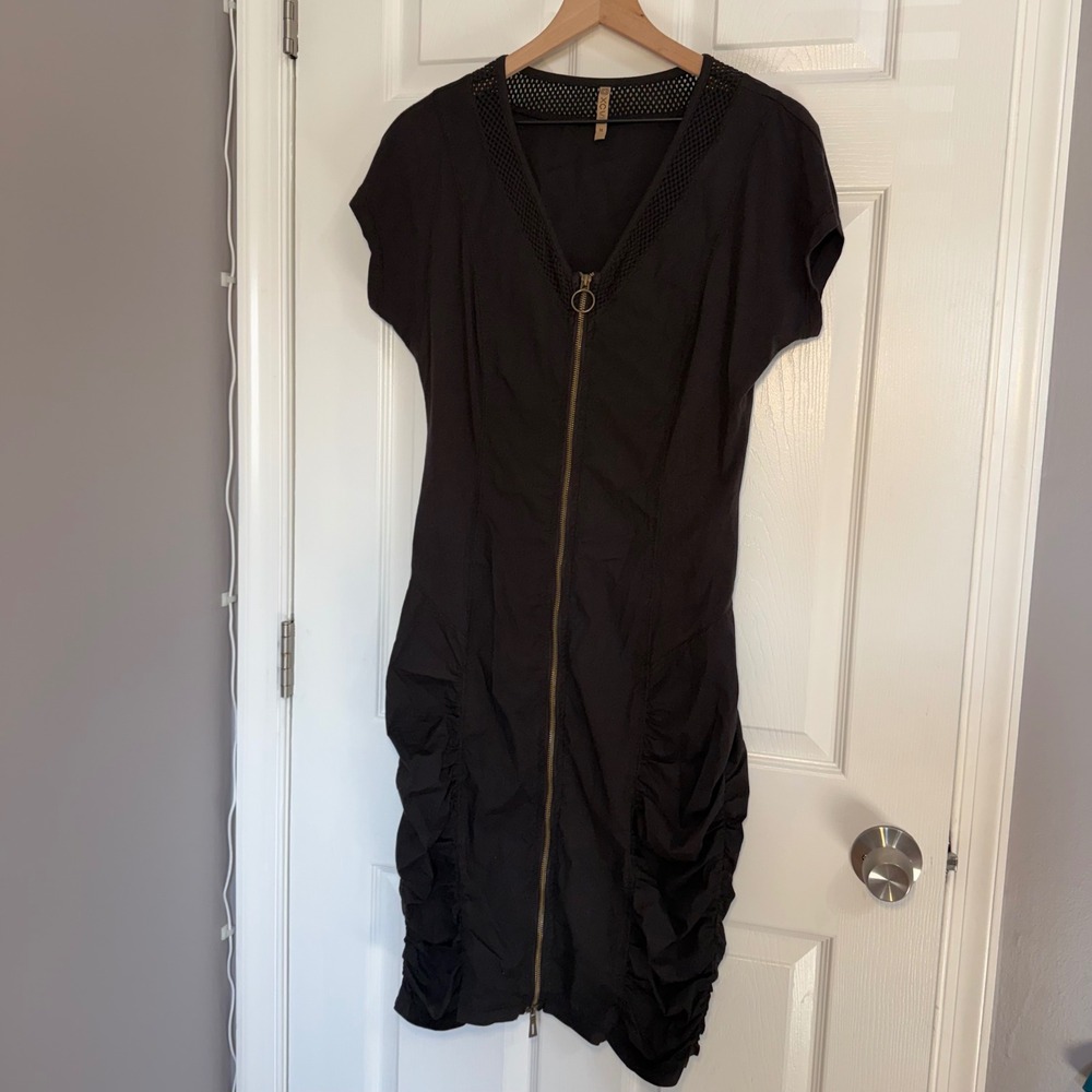 XCVI Womens Black Full Zip Ruched Midi Dress Mesh Trim V-Neck Size M 3416